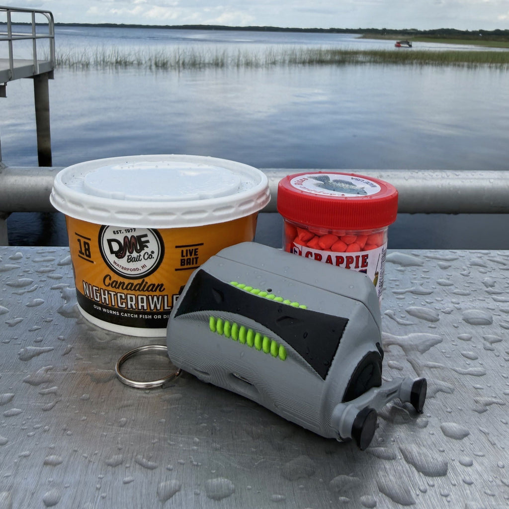 AirPods Pro 1 & 2 Fishing Reel Case, Personalized Angler Gift Two containers and a keychain on a metal surface with a lake and sky in the background